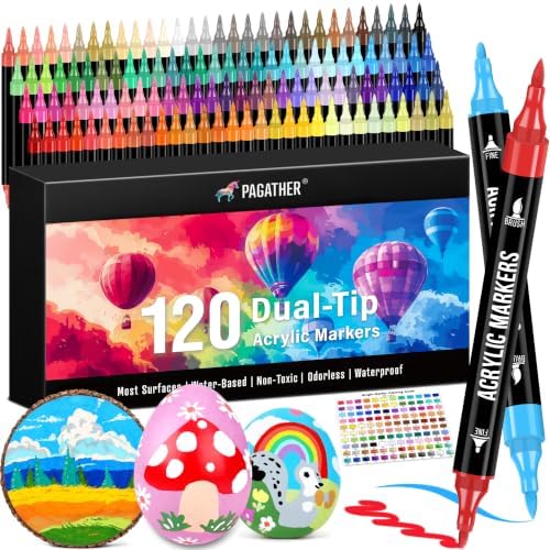 Acrylic Paint Markers, 120 Colors Dual Tip Fine & Brush Pens Set