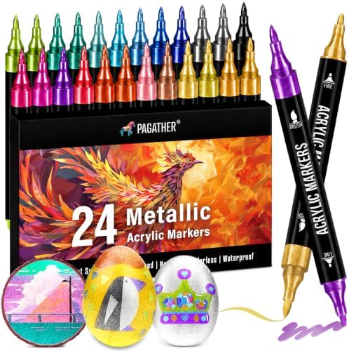 Metallic Acrylic Paint Markers, 24 Colors Dual Tip Pens Set